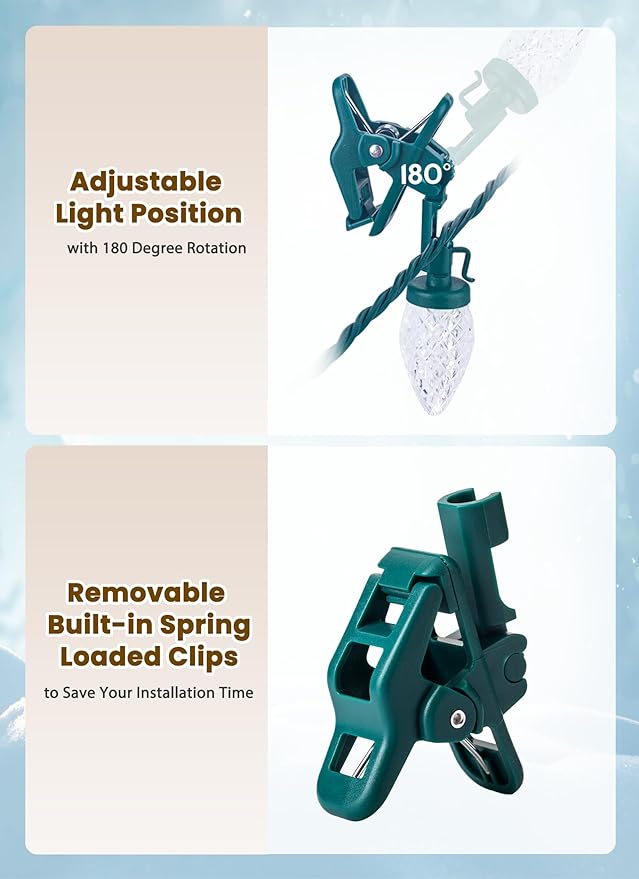 C9 LED Christmas Lights Outdoor, 66 Feet 100 LED C9 String Lights with 100 Spring Clips, Waterproof Connectable Christmas Tree Lights for Outside Roofline Patio Home Xmas Decor, Pure White 2 Pack