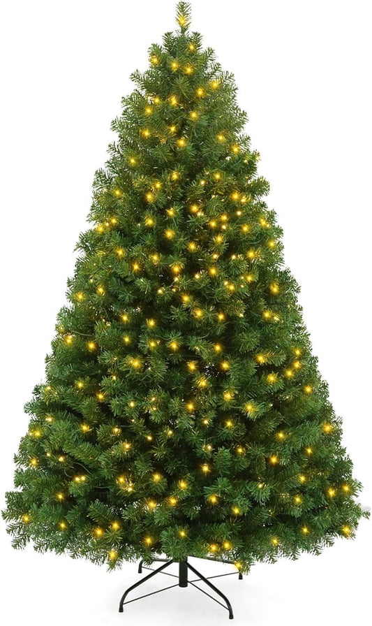 6FT Prelit Green Artificial Christmas Tree with 250 Warm White LED Lights – Full Pre-Lit Holiday Tree for Indoor Home, Living Room, Apartment, Office, Traditional Christmas Decoration