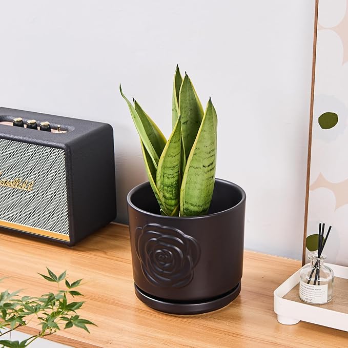 Ekirlin 7 inch Flower Plant Pot Indoor - Ceramic Garden Planters, Modern Rose Pattern Plant Pots with Drain Hole Saucer, Weatherproof Decorative Pot for Home, Office & Outdoor (Black)