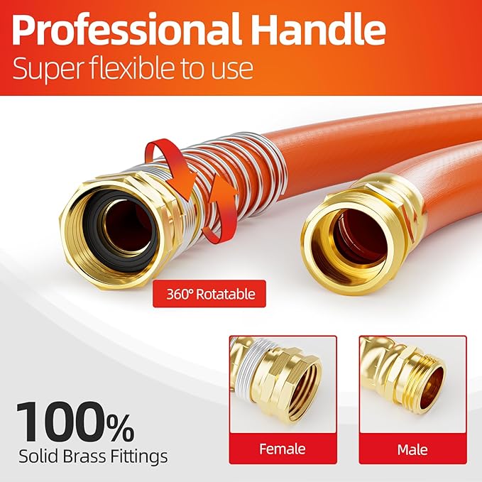 Garden Water Hose 50 ft x 3/4 in Heavy Duty, Flexible and Lightweight, Burst 600 psi, Kink-less Hybrid Rubber Pipe for Backyard, 3/4'' Brass Fittings, Orange