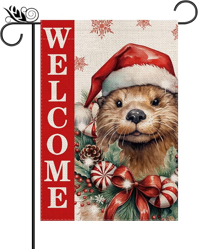 Christmas Garden Flag Welcome Xmas Otter Winter Holiday Decorations Burlap Vertical Double Sided Farmhouse Yard Lawn Outdoor Decor 12.5 x 18 Inch