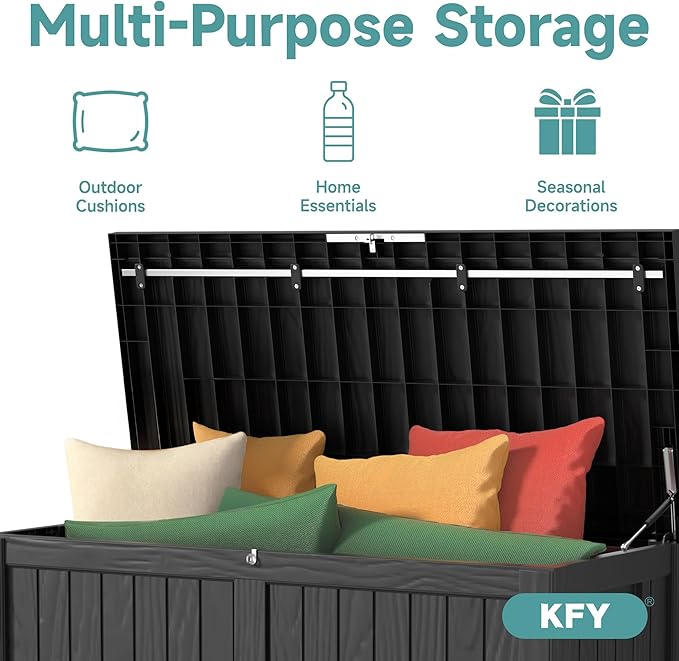 120 Gallon Waterproof Outdoor Storage Box, UV Resistant Resin Deck Box with Hydraulic Rod for Reinforced Stability, Perfect for Patio, Garden, and Pool, Striped Black