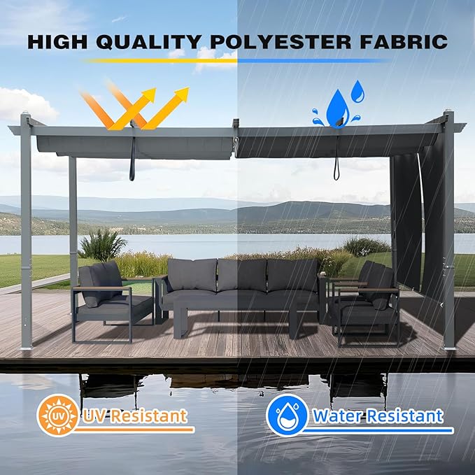 BPS 12x14 FT Outdoor Pergola - Retractable Shade Canopy with Aluminum Frame & Roller Shade Curtains for Patio, Backyard, or Deck, Gray