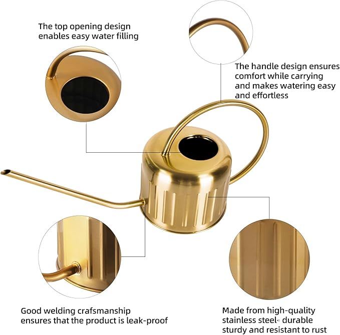 34oz/1L Stainless Steel Watering Can, Rust-Proof Indoor/Outdoor Watering Can for House Plants, Long Spout Water Can for Succulent Bonsai Garden Flowers (Gold Color)