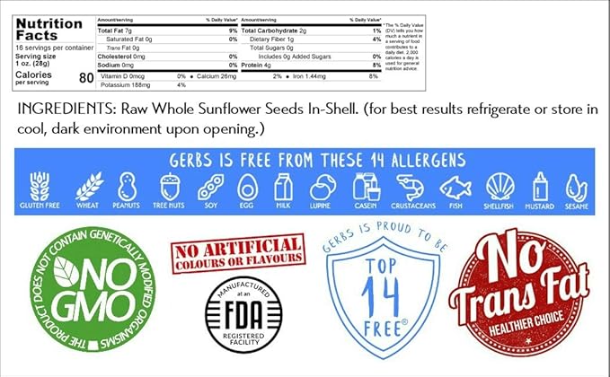 Gerbs Raw Whole Sunflower Seeds 1 lb. | In-Shell, No Additives, Resealable Bag | Crack-and-Eat Crunchy Snack | Top 14 Allergen-Free