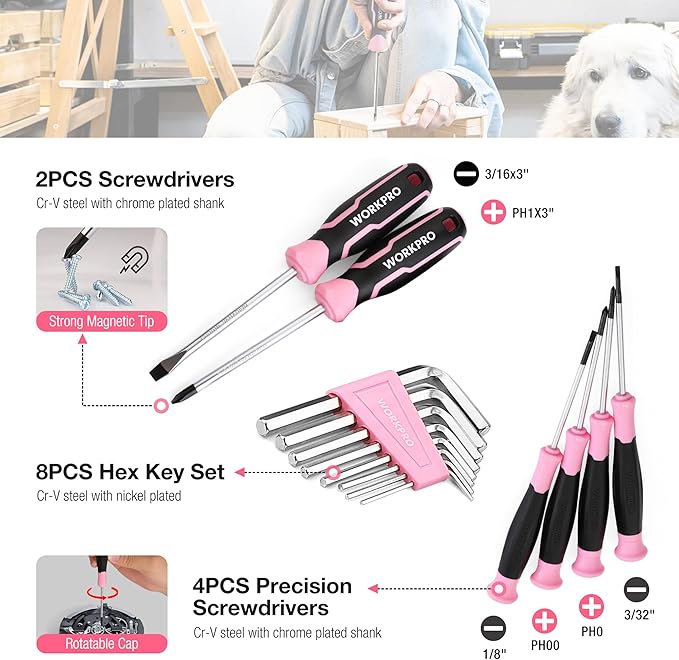 WORKPRO Pink Tool Set, 258 PCS Tool Kit for Women, Basic Household Case with Hammer, Screwdriver Set, Portable for Home Repair, New Apartment, House-Warming, DIY - Pink Ribbon