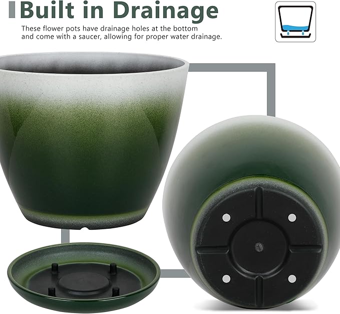 Worth Garden Plastic Round 8" Plant Pots - Set of 6 Multicolor Small Gloss Flower Pot Planters with Drainage Hole and Saucer - Home Decorative Christmas Containers