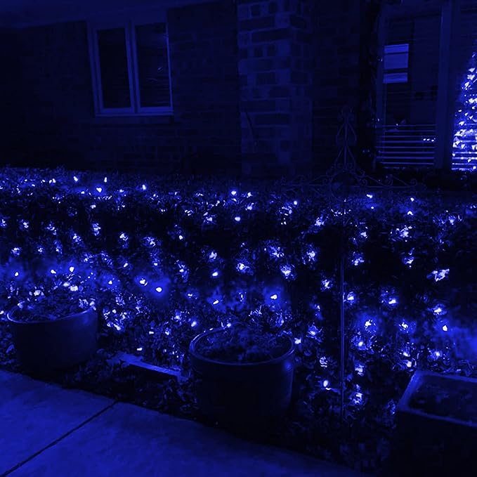 Dazzle Bright Christmas Net Lights, 360 LED 12FT x 5 FT Green Wire Waterproof Connectable String Lights with 8 Modes, Christmas Outdoor Light for Bushes Garden Party Wedding Holiday Decoration (Blue)