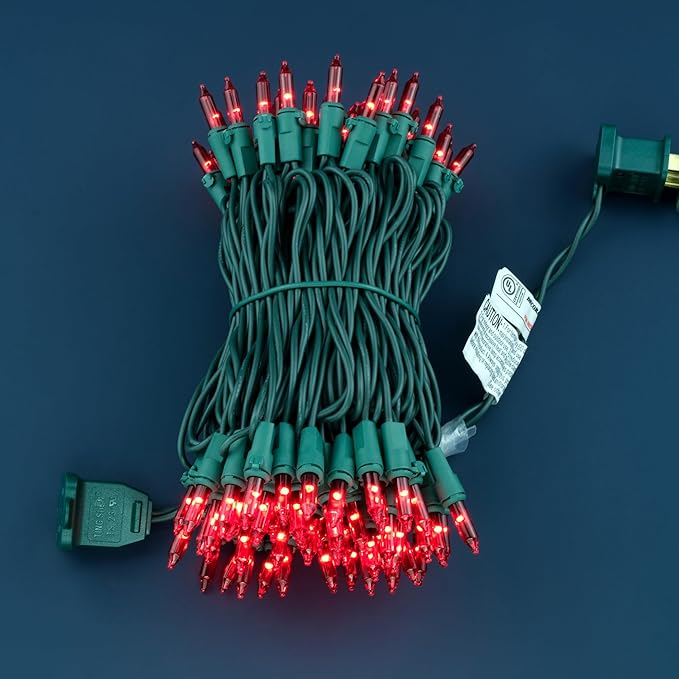 YULETIME 100 Count Red Christmas Lights, 33 Feet Green Wire UL Certified Incandescent-Like LED Mini String Lights
