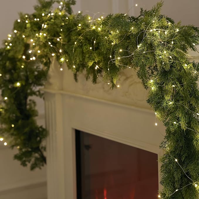 MISSPIN Christmas Garland with Lights, Real Touch Winter Pine Garland, Green Artificial Greenery Garland for Table, Mantle, Wall, Indoor, Outdoor Christmas Decorations