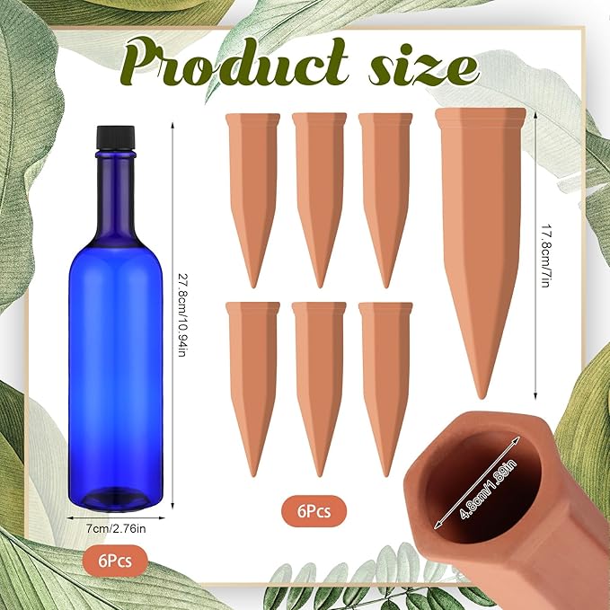 6 Sets Plant Watering Devices Include 6 Terracotta Self Watering Spikes and 6 Pcs 26 oz Plastic Bottles, Slow Release Vacation Insert Automatic Plant Waterer Device (Blue)