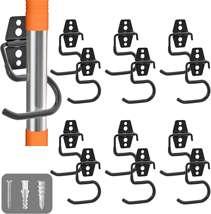 LIGHT DUST Broom Holder Wall Mount - 6 Pack Tool Hangers Garage Wall Hanging Organizer - Heavy Duty Metal Large S Hooks for Mop Shovel Rake Shed Garden Lawn Yard Handle Tools Organization (Black)