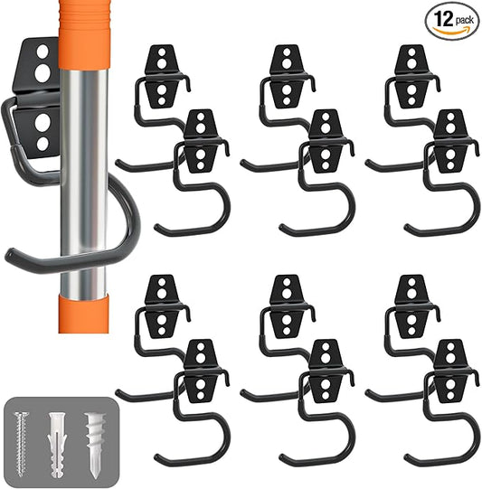 LIGHT DUST Broom Holder Wall Mount - 12 Pack Tool Hangers Garage Wall Hanging Organizer - Heavy Duty Metal Large S Hooks for Mop Shovel Rake Shed Garden Lawn Yard Handle Tools Organization (Black)