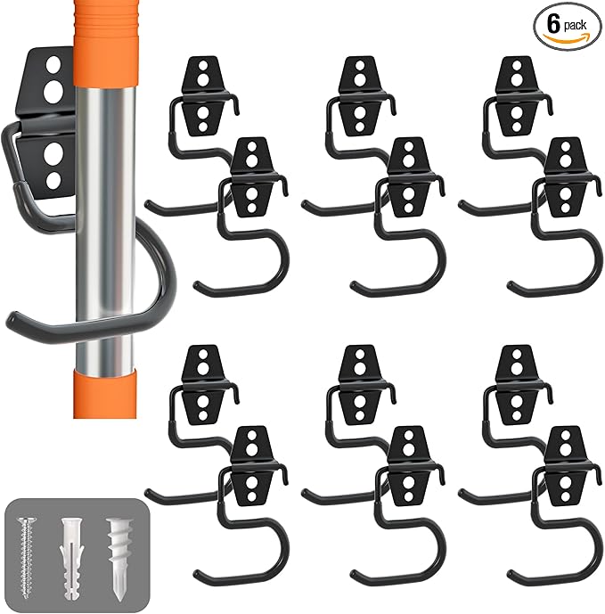 LIGHT DUST Broom Holder Wall Mount - 6 Pack Tool Hangers Garage Wall Hanging Organizer - Heavy Duty Metal Large S Hooks for Mop Shovel Rake Shed Garden Lawn Yard Handle Tools Organization (Black)