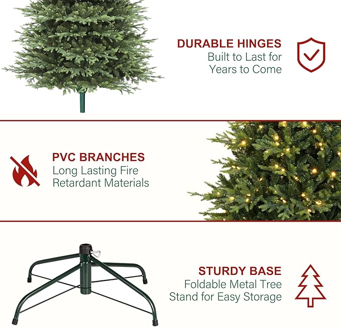 Hykolity 9ft Pre-lit Artificial Christmas Tree with 600 Warm White LED Lights, 5149 PE&PVC Realistic Branch Tips, Metal Stand and Hinged Branches Included