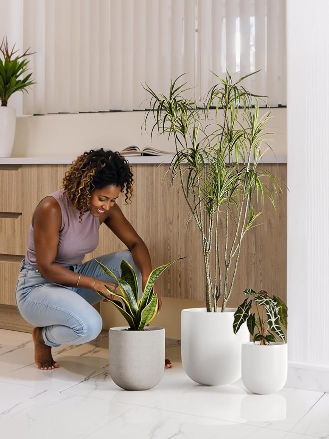 LE TAUCI 6+8+10 Inch Plant Pots Indoor, Ceramic Planters for Indoor Plants, Cylinder Pots with Drainage Hole and Plug, Planter Pots for Home Office Room Patio, Set of 3, Neutral Gray