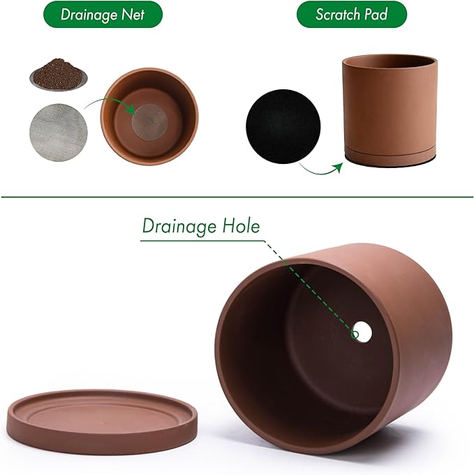 D'vine Dev 5 Inch Rust Terracotta Plant Pot with Drainage Hole and Saucer, Round Cylinder Planter Pot for Indoor Plants, 40-V-B-3