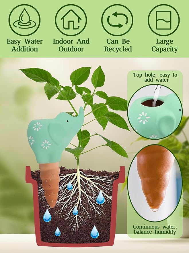 4Pcs Plant Watering Globes, Kalolary Elephant Shape Self Watering Spikes Terracotta Drip Water Stakes Irrigation Watering Bulbs for Pot, Indoor, Outdoor, Vacation