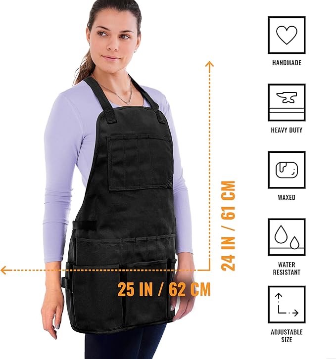 Under NY Sky Tool Apron - 20 Pockets and Slots, Cross-Back, Heavy-Duty Waxed Canvas - Woodwork, Garden, Shop (Black Cross-Back)