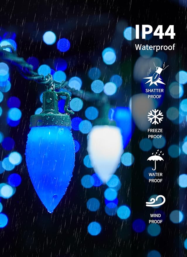 C9 Christmas Lights Outdoor Waterproof, 81 Feet 100 LED C9 String Lights with Timer & 8 Light Mode, Connectable Christmas Tree Lights for Indoor Outside Roofline Patio Decoration, Blue & Pure White