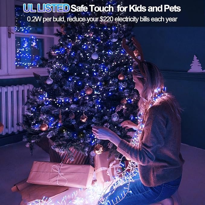 XURISEN Christmas Lights Outdoor 197FT 500 LED Green Wire String Lights 8 Modes with Timer Memory Waterproof Fairy Light Plug in for Xmas Tree Wedding Yard Party Holiday Decorations(Blue+White)