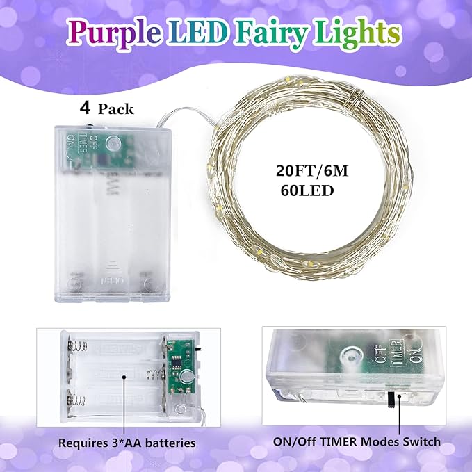 4 Pack 20FT 60LED Christmas Battery Operated Fairy Lights with Timer, Waterproof Battery String Lights Outdoor Indoor, Battery Twinkle Lights for Bedroom Wedding Birthday Party Christmas(Purple)