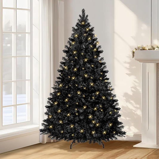Annecy 6ft Pre-Lit Christmas Tree, Black Artificial Full Spruce Christmas Tree for Home, Office, Party Decoration w/ 970 Branch Tips, 250 Warm White & Multi-Color Lights, Metal Hinges & Base,Black 6ft