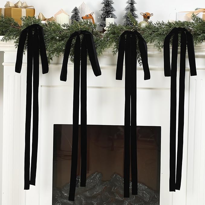 Janinka 6 Pcs Black Velvet Christmas Swag Bow 31.5 x 23.6 inch Large Vintage Christmas Ornament Rustic Velvet Staircase Wreath Bows Xmas Tree Topper Bows Large Bow for Outdoor