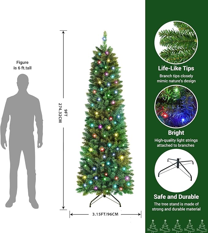 Shareconn RGB 7ft Prelit Artificial Christmas Tree with Remote Control, Multi-Color LED Changing RGB Lights, Perfect Choice Decoration for Xmas Holiday 7.5 FT Pre-Lit Pencil Tree, Green
