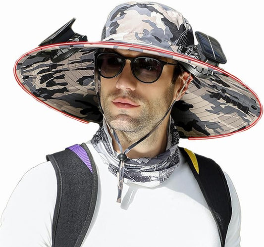 Men's Solar & USB Charging Wide Brim UPF50+ Sun Hat with Dual Fans for Outdoor Activities (Black, Medium)