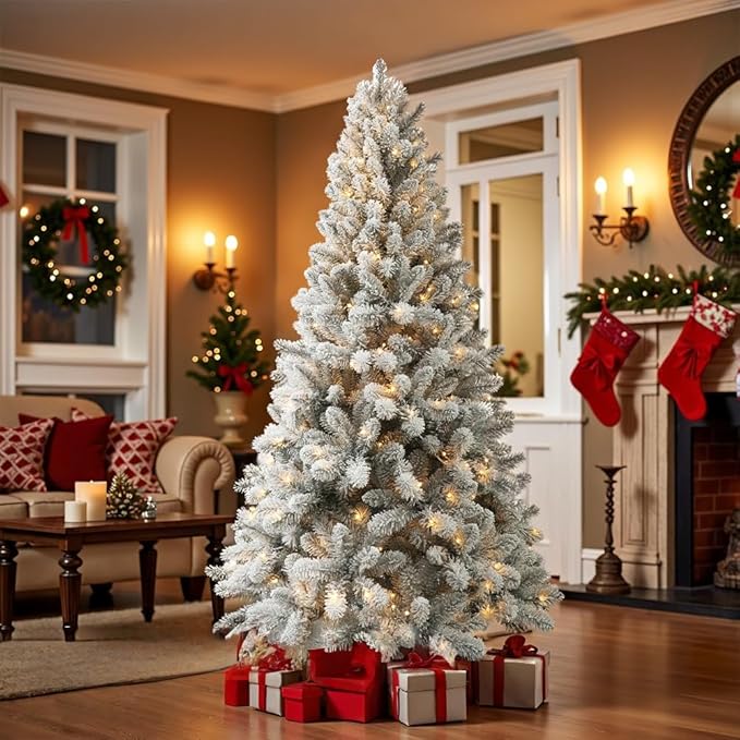 CHILLSUN Prelit Christmas Tree with Lights 6ft, Premium Snow Flocked Artificial Xmas Tree with 874 Branch Tips and 250 Warm Lightsm, Metal Reinforced Base Easy Assembly for Christmas Decorations,White