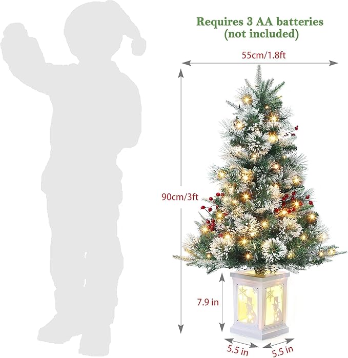 3ft Christmas Tree Pre-Lit Artificial Christmas Tree with Vintage Potted Base, Flocked Snow 78 Warm White LED Lights 8 Lighting Modes, Xmas Holiday Decor for Home, Entrances