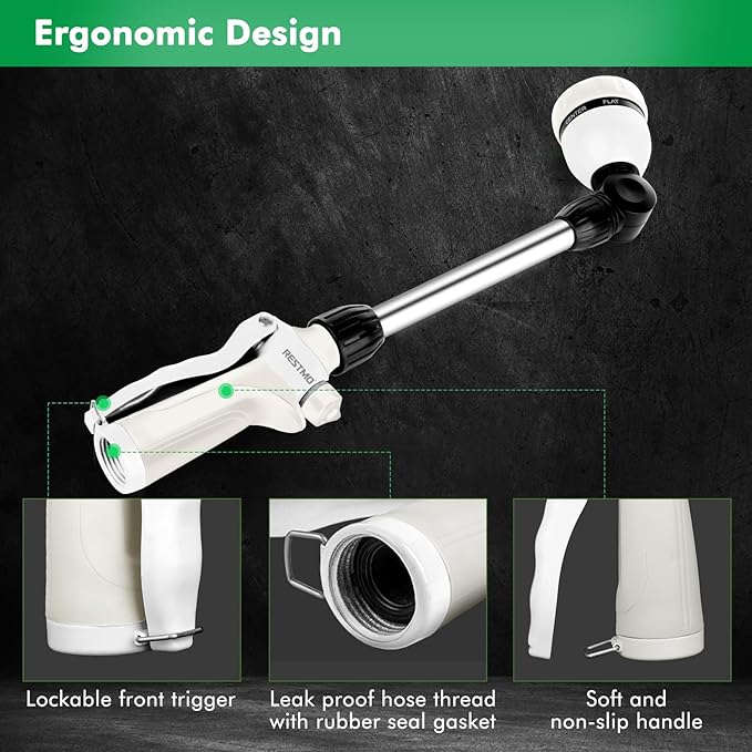 RESTMO Metal Watering Wand, Heavy Duty Garden Hose Wand with 180° Swivel Ratcheting Head, 16'' Hose Nozzle Sprayer with 7 Spray Patterns and Flow Control, for Water Hanging Baskets and Shrubs, White