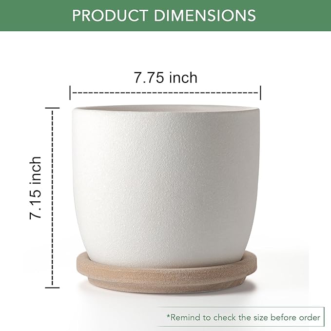 Ceramic Flower Pots Indoor-Outdoor: 7.75 Inch Large Planters with Drainage Holes & Saucer - Modern Decorative Plant Pots Ceramic for Home Gardeners (White)