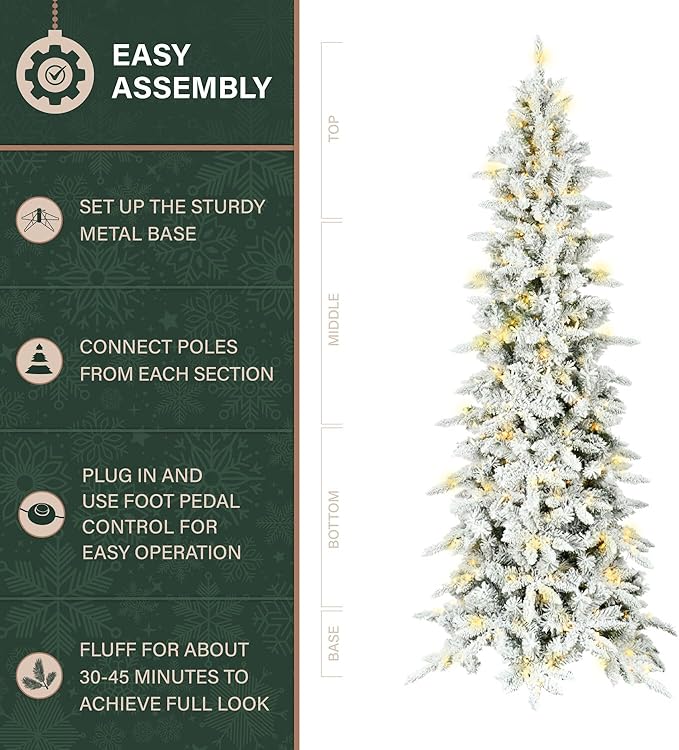 Fraser Hill Farm 6.5-Ft. Slim Mountain Pine Flocked Artificial Christmas Tree with Warm White LED Lights and Stand, Prelit Foldable Fake Tree with Realistic Snowy Foliage for Home Decoration