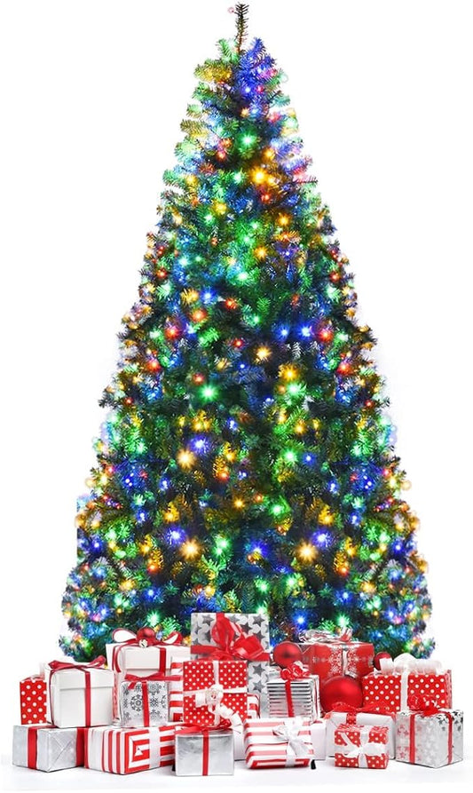 HAPPYGRILL 7FT Pre-lit Artificial Christmas Tree with 500 LED Lights, 1570 PVC Branch Tips and Foldable Base, Premium Spruce Tree Hinged Xmas Tree with 11 Color Modes for Holiday Decor