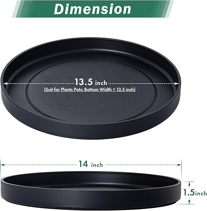 Phoenix Vine 14 Inch Plastic Plant Saucer Water Drip Tray, Heavy Sturdy Round Plant Drainage Tray for Indoors Outdoor, Set of 2, Matte Black, 21-TY-14B-2