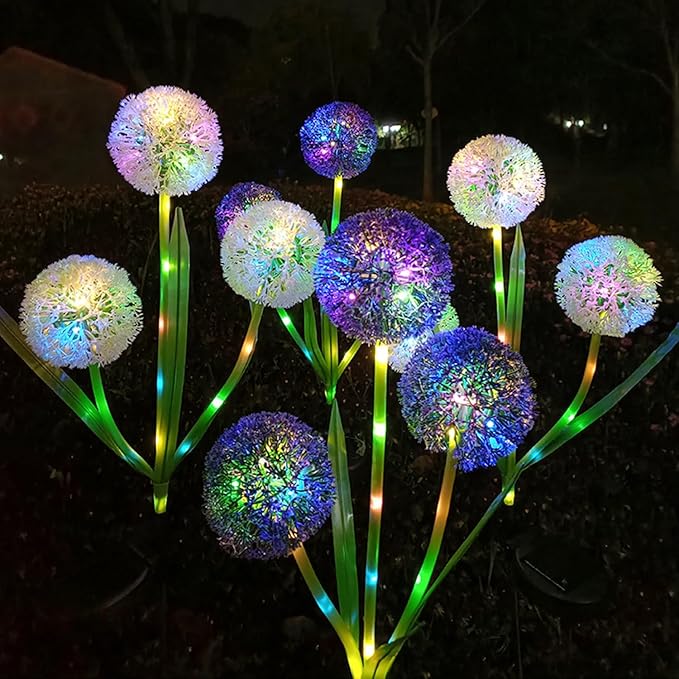 Garden Solar Lights Flowers, Automatic Lighting At Night, Waterproof Garden Decor for Yard Patio Pathway Lawn, Gardening Gifts for Women, Christmas Decoration, 3 flowers (Dandelion - Purple glow, 1)