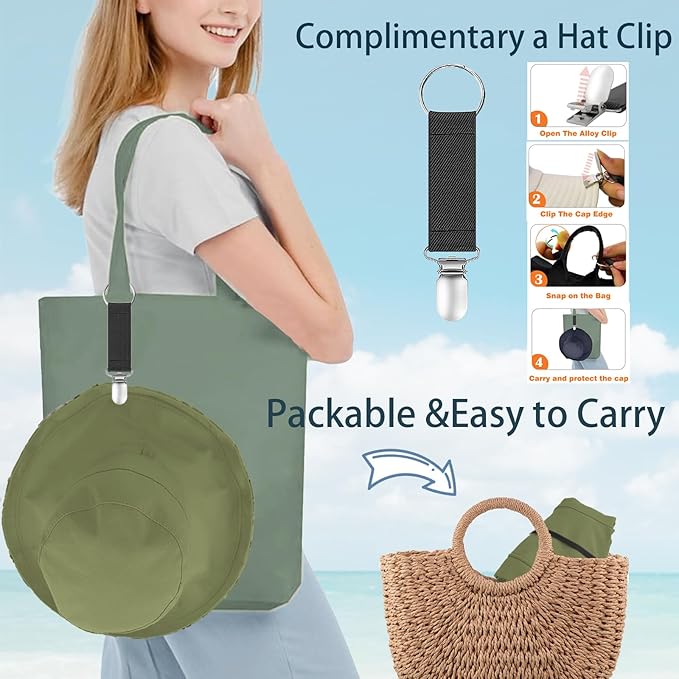 vidsel Womens Sun Hats Wide Brim Reversible Bucket Cotton Hat Packable Summer Travel Cap with Hat Clip,UV Protection