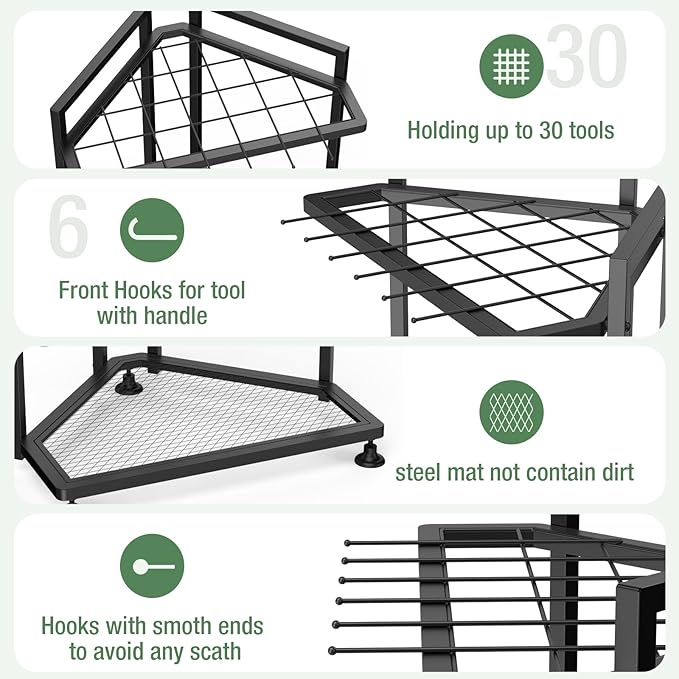 Garden Tool Organizer for Corner,Metal Yard Tool Organizer for Long-Handled Tools/Rakes/Brooms,Side Garden Pocket,Heavy Duty Steel Yard Tool Storage Rack for Garage,Shed, Outdoor