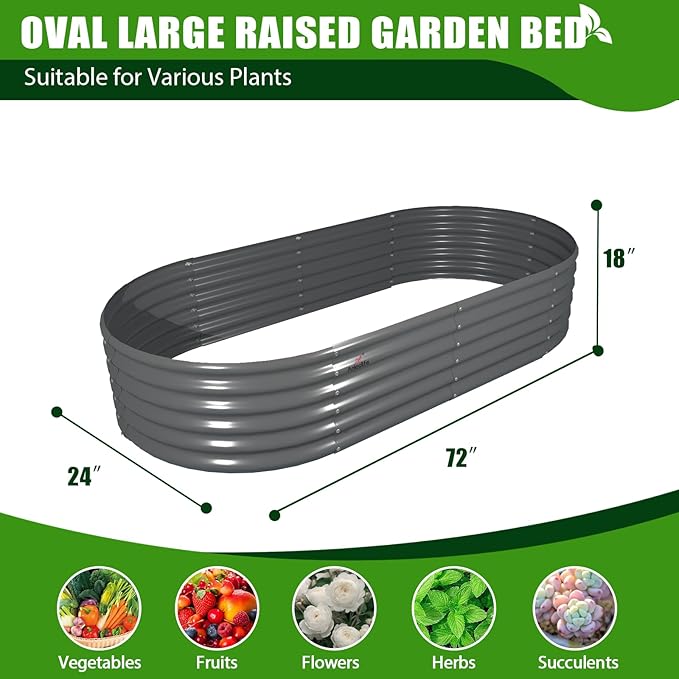 A ANLEOLIFE 6 Pcs 6X2X1.5 ft Oval Round Galvanized Raised Garden Beds Outdoor for Planting Vegetables Flowers Herb, Quartz Grey