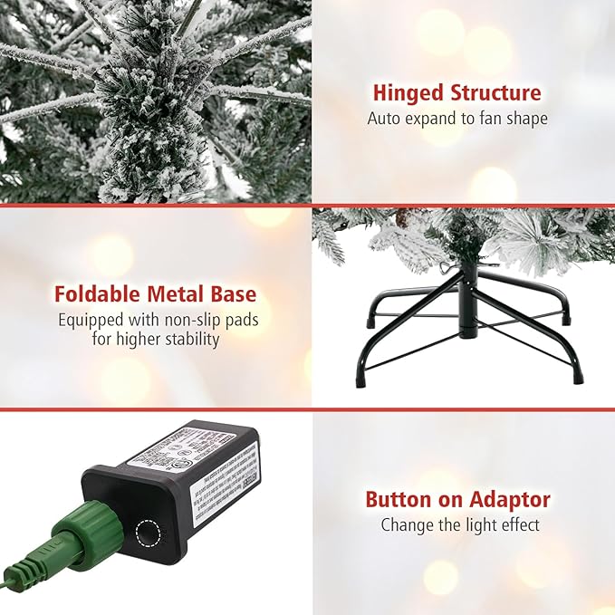 HAPPYGRILL 6 FT Pre-lit Artificial Christmas Tree, Snow-Flocked Xmas Tree with 240 Multi-Color LED Lights, 8 Lighting Modes, 850 Branch Tips, Pine Needles, Hinged Tree for Home Office Party