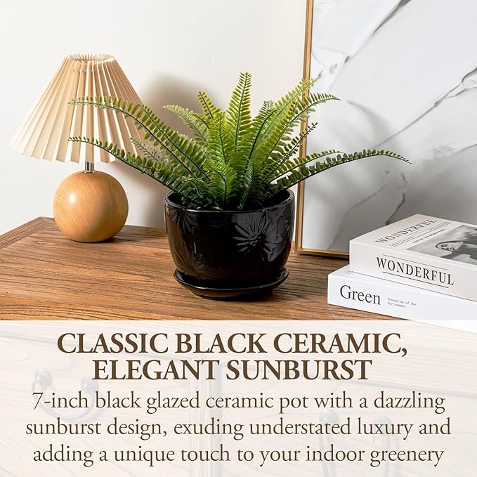 MyGift 7 Inch Glossy Black Ceramic Plant Pot with Drainage Hole and Attached Saucer, Modern Decorative Embossed Sunburst Planter Container for Indoor Home Garden