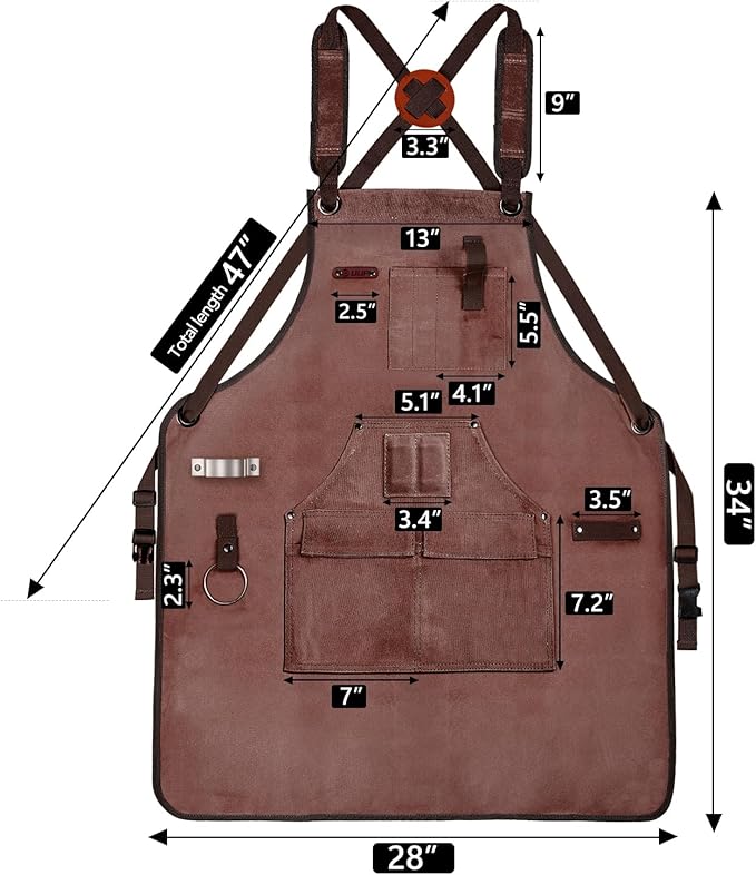 Woodworking Apron for Men, Shop Apron 20 oz Canvas Work Apron with 9 Tool Pockets, Heavy Duty Wood Working Workshop Bib Apron for Carpenter Woodworker Blacksmith, Men Gift, Adjustable to S- 3XL, Brown
