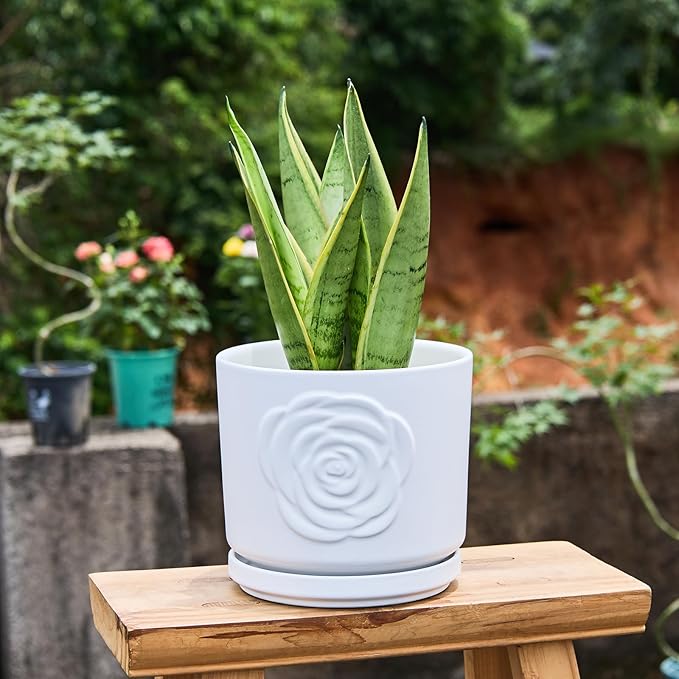 Ekirlin 7 inch Flower Plant Pot Indoor - Ceramic Garden Planters, Modern Rose Pattern Plant Pots with Drain Hole Saucer, Weatherproof Decorative Pot for Home, Office & Outdoor (White)
