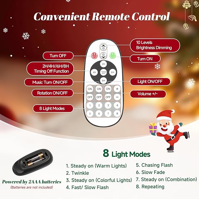 7.5FT White Flocked Pre-Lit Artificial Christmas Tree, 360° Rotating Musical Snow Frosted Xmas Tree with Remote Control, 8 Modes Warm White & Multicolored LED Lights Snowy Holiday Tree Decor