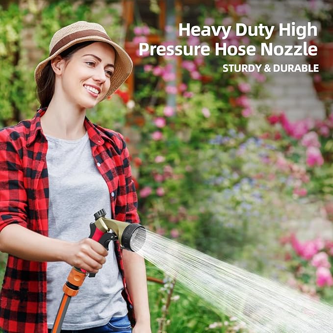 Garden Hose Sprayer Nozzle, Heavy Duty Water Hose Nozzle with 7 Spray Patterns, High Pressure Garden Sprayer with Adjustable Button & Lockable Trigger for Watering Plants & Lawns, Washing Cars, Pets