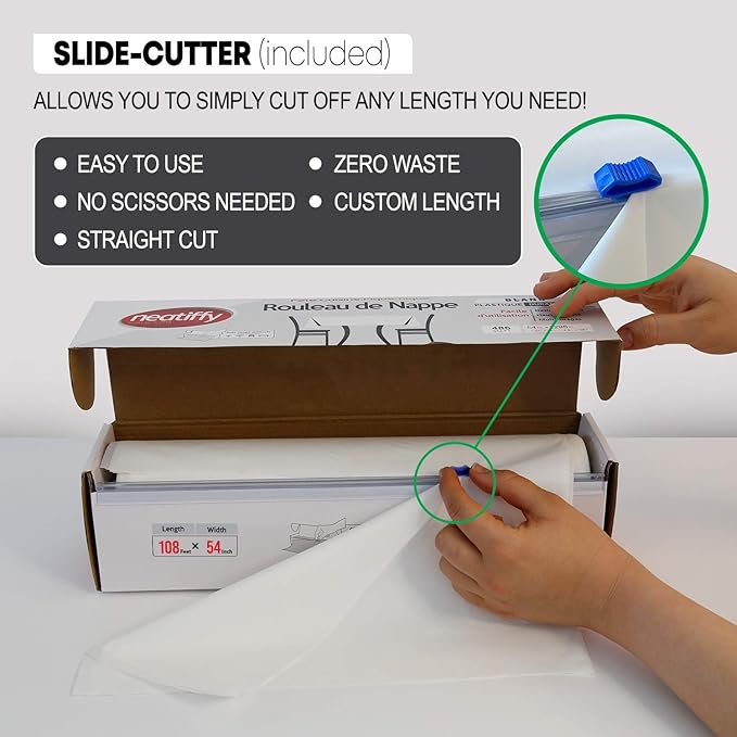 Neatiffy Disposable Plastic Table Cloth Roll | 54 in x 108 Ft Waterproof Tablecloth | Table Cover for Rectangle, Square, Round Oval Tables | Picnic, Party, Banquet, Birthdays, Weddings - White