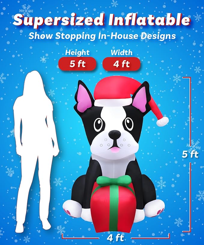 Holidayana Christmas Inflatables Large 5ft Tall Boston Terrier Dog with Gift - Inflatable Outdoor Christmas Decorations Blow Up X-mas Decorations for Yard, Lawn & Garden Internal Lights & Built-in Fan
