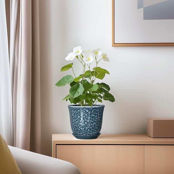 Ceramic Pots for Plants - 5.6 Inch Plant Pot for Indoor Outdoor, Round Succulent Orchid Pot with Drainage Hole and Saucer, Modern Small Flower Pot, Room Home Decor, Plant Lover Gifts, Blue